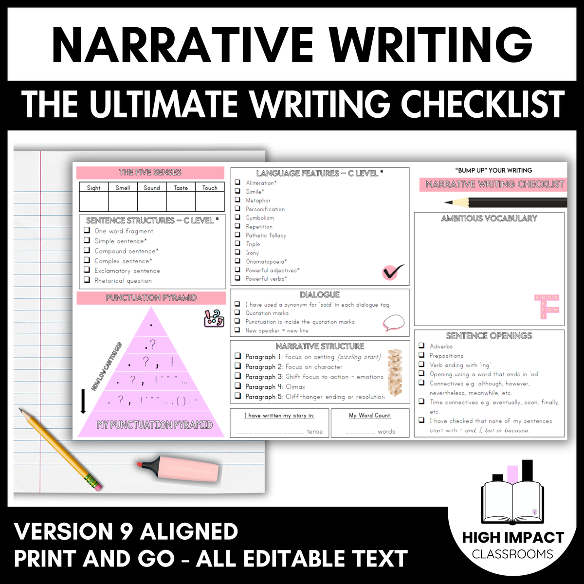 Narrative Writing Checklist | Years 5–9 | Editable Classroom Resource (V9)