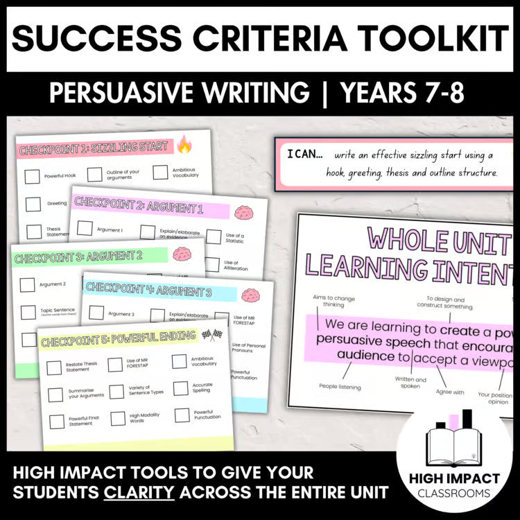Persuasive Learning Wall | Success Criteria and Whole Unit Learning Intention Toolkit