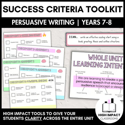 Persuasive Learning Wall | Success Criteria and Whole Unit Learning Intention Toolkit