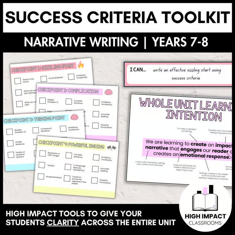 Narrative Learning Wall | Success Criteria and Whole Unit Learning Intention
