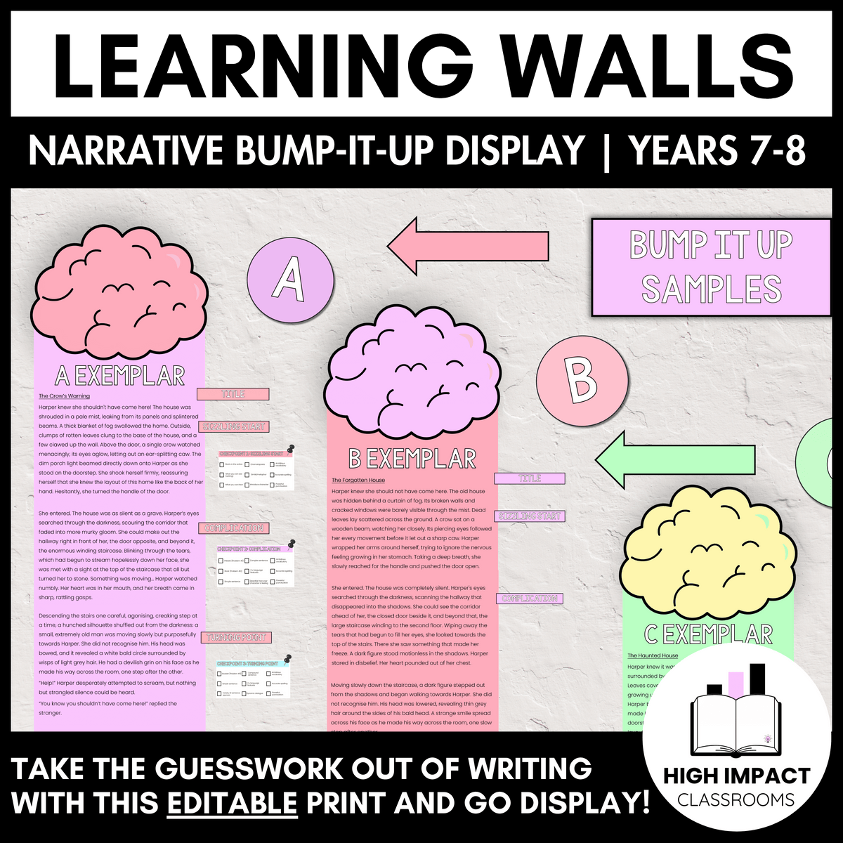 Narrative Writing Learning Wall | Bump It Up Wall (A–B–C Exemplars) | V9 Years 7–8