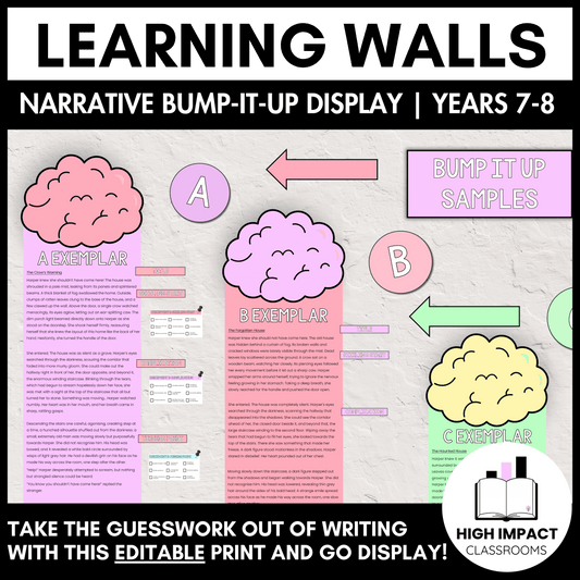 Narrative Writing Learning Wall | Bump It Up Wall (A–B–C Exemplars) | V9 Years 7–8