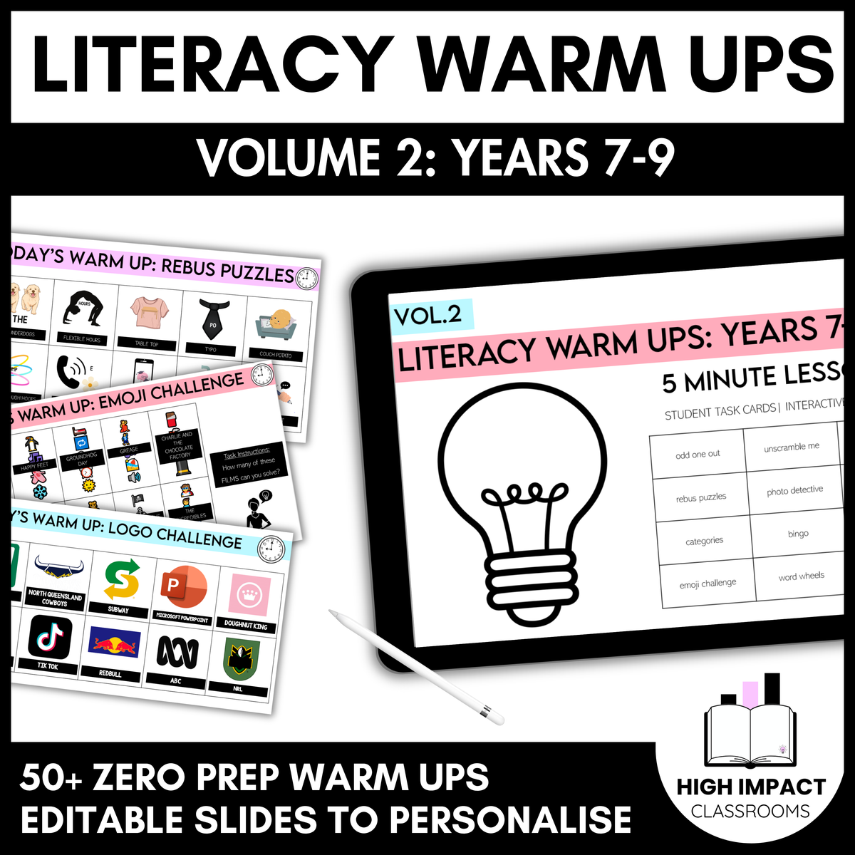 50+ Literacy Warm Ups | Years 7–9 | Volume 2 | High Engagement Starters