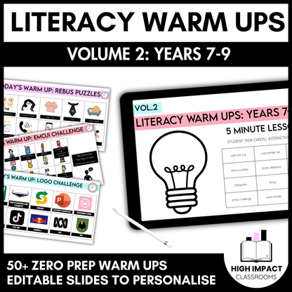 50+ Literacy Warm Ups | Years 7–9 | Volume 2 | High Engagement Starters
