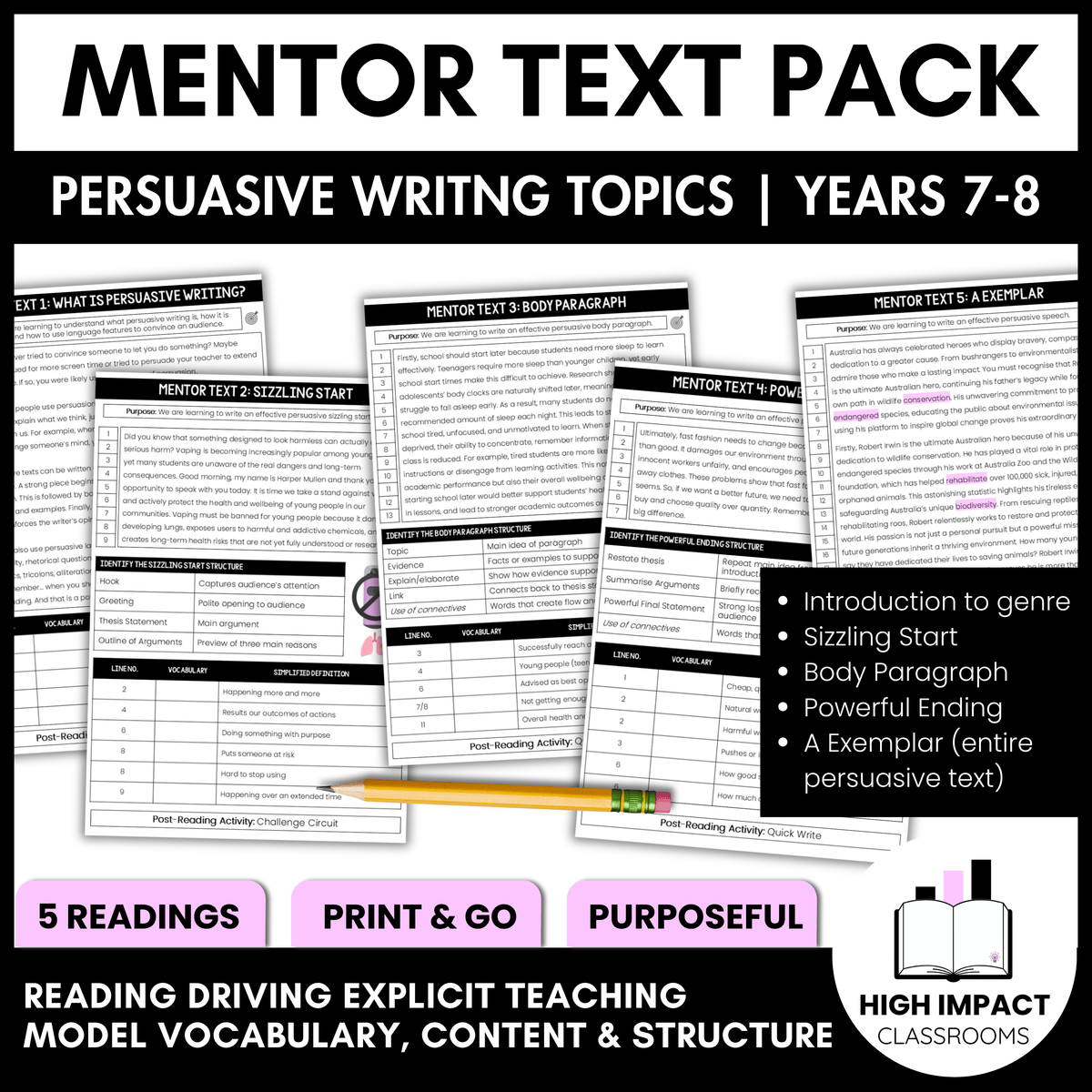 Persuasive Writing Mentor Text Pack | Years 7–8 | Print & Go!