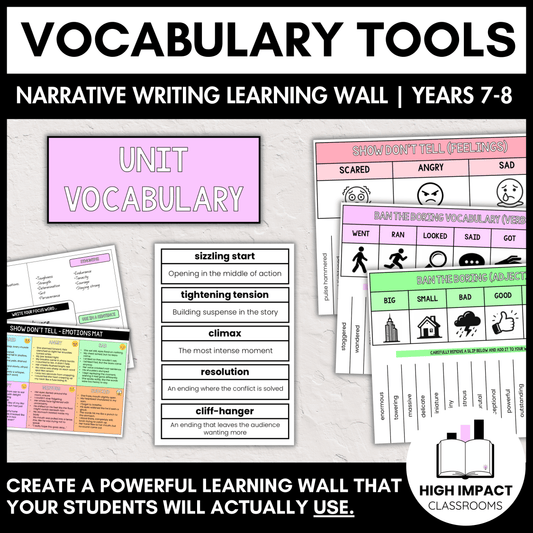 Interactive Narrative Vocabulary Learning Wall | Writing Cards + Student Tools